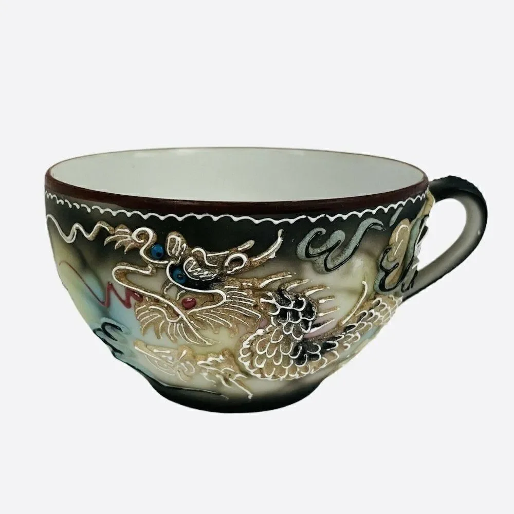 Vintage Dragonware Moriage Teacup and 2 Saucers Hand Painted Japan Blue Eyes 3D